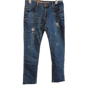 Tailored Recreation Premium Blue Denim Tapered Slim Distressed Mens Jeans 36/32